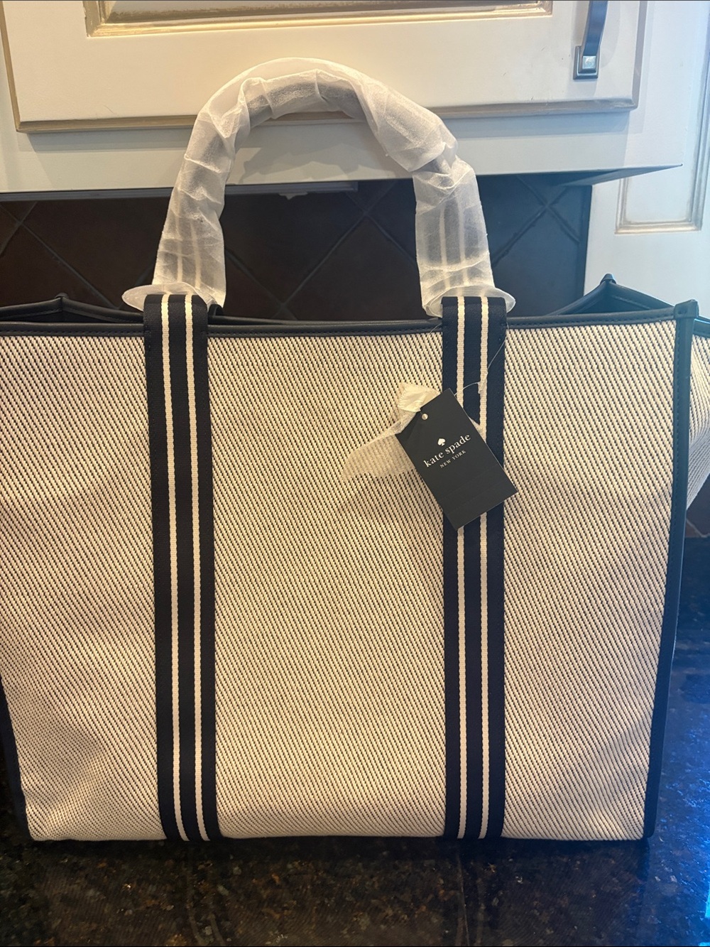 kate spade Cream and Black Canvas Tote with Yellow Racquet Patch - Picture 3 of 3